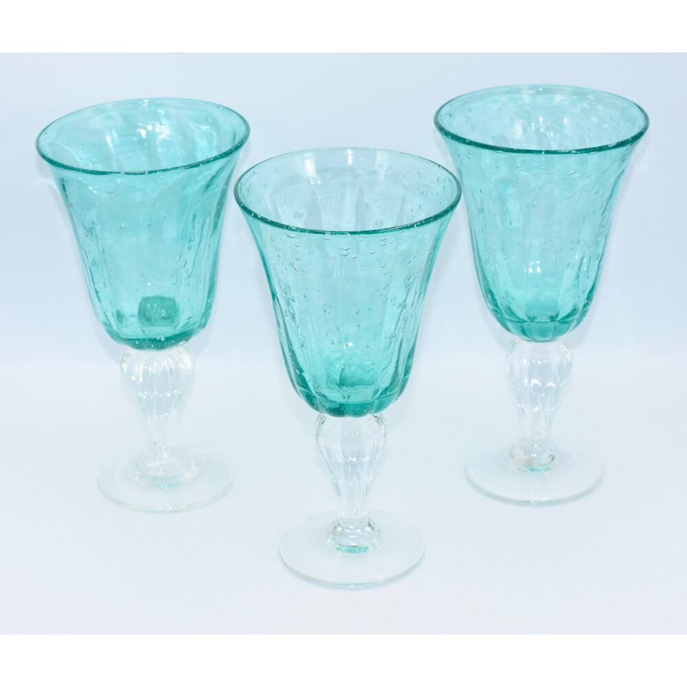 Val De Pome Christophe Saba Biot Seeded Teal Wine/Water Stemware Goblets France